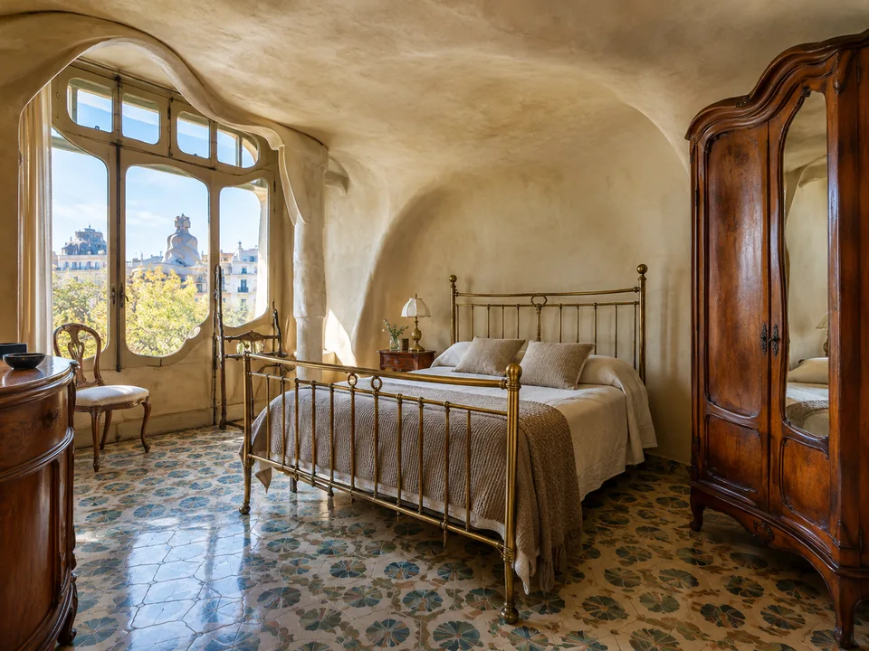 A bedroom with curved walls, a brass bed, a wooden wardrobe and a patterned tile floor