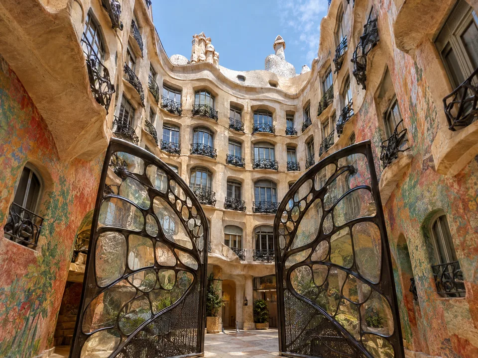 A courtyard light well with organic iron and glass gates and painted curving walls