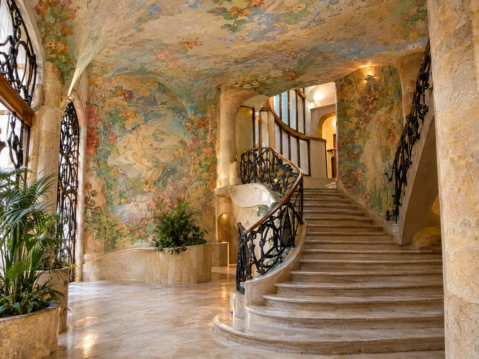 A vestibule with pastel murals of flowers and figures and a sweeping stone staircase